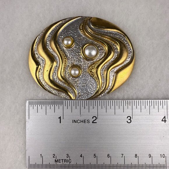 Vintage HR Gold & Silver Oval Belt Buckle With Pearl Accents main image 6